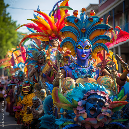 A colorful parade with dancers and floats. 