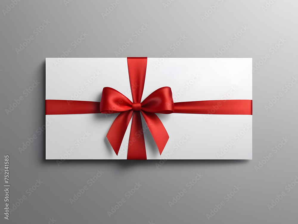 A blank white gift card with a red ribbon bow or an empty gift signboard stands isolated on a grey background A blank white gift card with a red ribbon bow or an empty gift signboard stands isolated on a grey background