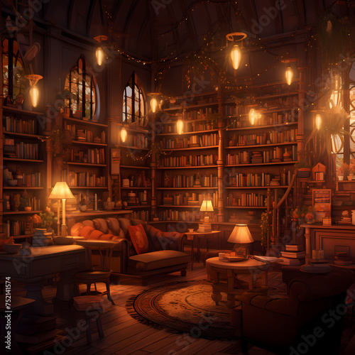 A cozy library with warm lighting.