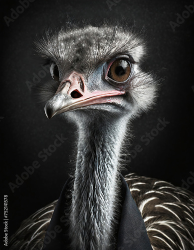 Portrait of an ostrich on a black background. Studio shot.
