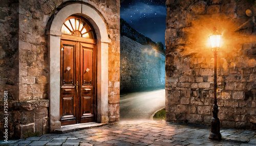 View of a dimly lit street among medieval houses and a street lamp in a starry night