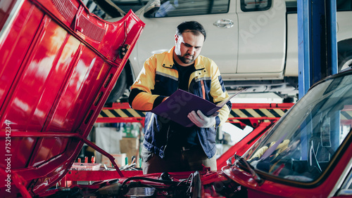 Mechanic Asian man using clipboard file examining tuning fixing repairing car engine automobile vehicle parts using tools equipment in workshop garage support and service in overall work uniform