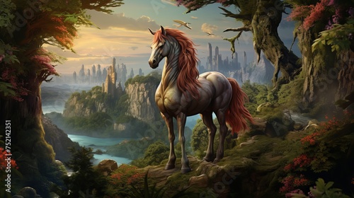 A realistic depiction of a Hippalectryon in a fairy-tale landscape.