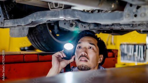 Young asian mechanic with light in hands looking at steering chassis and suspension under a car of a lifted car, Garage service. Automobile diagnostic, Car service and auto repair concept
