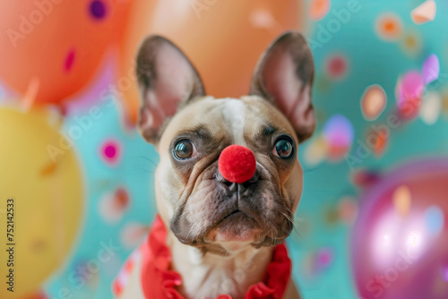 funny French bulldog with a red clown nose on a background of multi-colored vibrant balloons