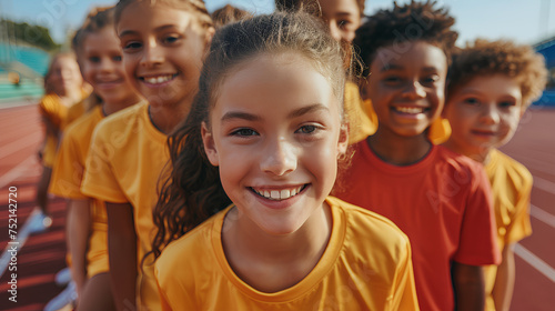 Multiracial group of cheerful kids during exercise class at stadium looking at camera