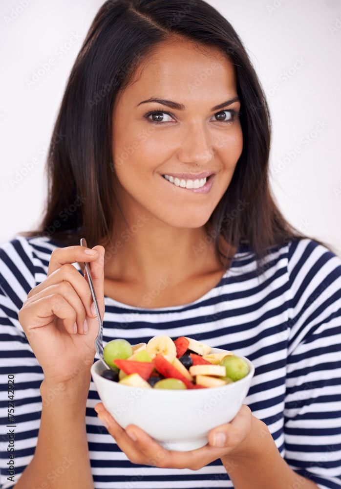 Fruit, portrait and healthy eating for excited woman, bowl and happy for fresh food. Natural, nutrition and sustainable for vegetarian, fiber and breakfast or dessert for minerals and vitamins Fruit, portrait and healthy eating for excited woman, bowl and happy for fresh food. Natural, nutrition and sustainable for vegetarian, fiber and breakfast or dessert for minerals and vitamins
