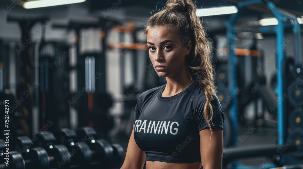 Fototapeta premium Athletic Woman Ready and Determined For Her Workout In A Gym. The Woman Wears A T-Shirt Marked 