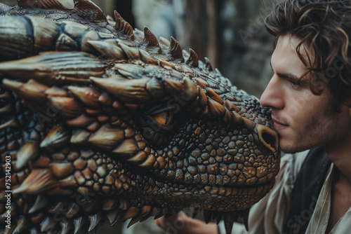 
medieval young man in fantasy style and dragon photo