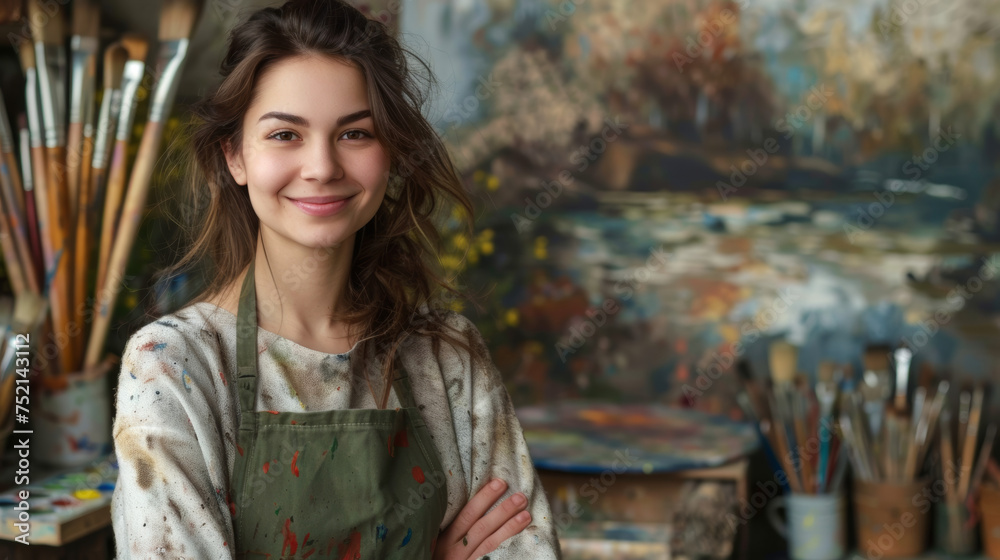 an artist girl smiling at the camera in an apron
