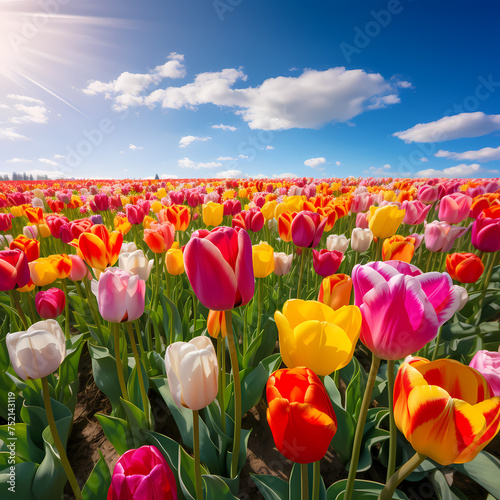 A field of tulips in various vibrant colors.