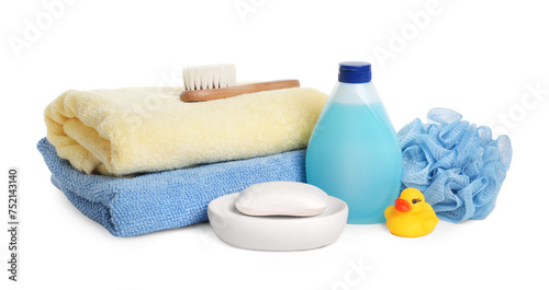 Baby cosmetic products, bath duck, accessories and towels isolated on white