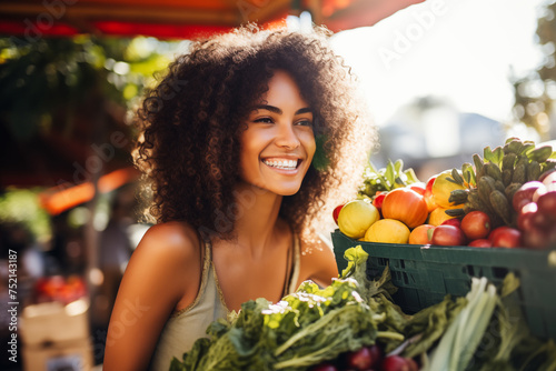 Beautiful young afro American woman with vegetables and fruits in the  farmers market