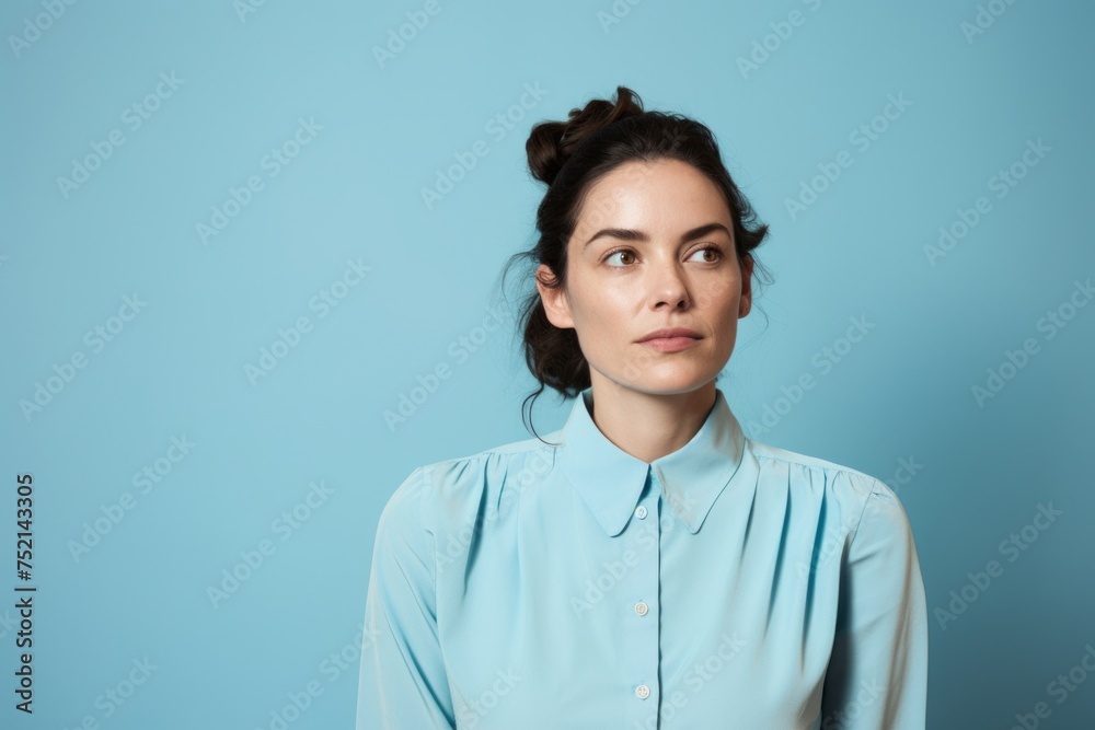 portrait of pensive young woman in blue shirt on blue background