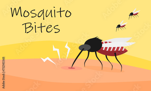 A mosquito bites human skin. Dengue fever or Malaria outbreak concept. Vector illustration.