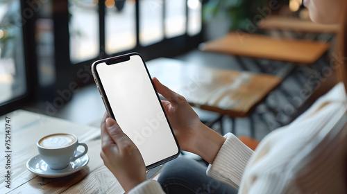 Man using smartphone blank screen frameless modern design while lying on the sofa in home interior