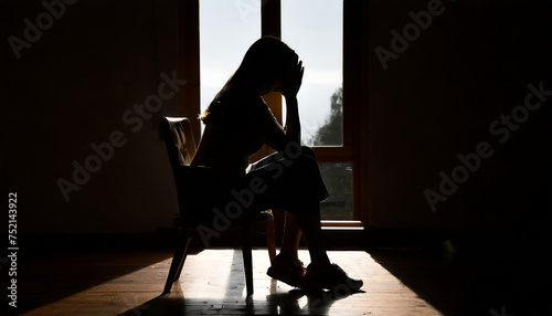 woman sitting at a table in a dark room, hands on her facem depression and melancholy concept