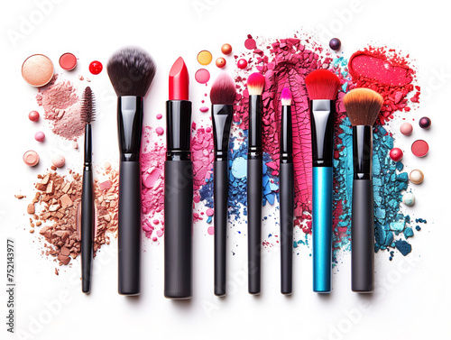 Top view of makeup accessories, brushes, eyeshadow, beauty makeup  and cosmetics on white background © Alexander Raths