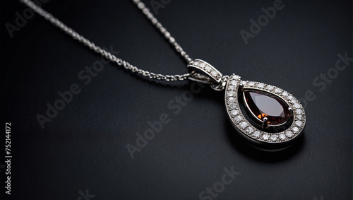 black, teardrop-shaped diamond close-up, in a white gold necklace on a dark background.