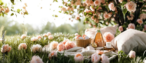 Fototapeta Naklejka Na Ścianę i Meble -   Picnic at blooming peonies meadow.Tablecloth on the grass in a park. Outdoors rest. Breakfast on the nature. Generative ai