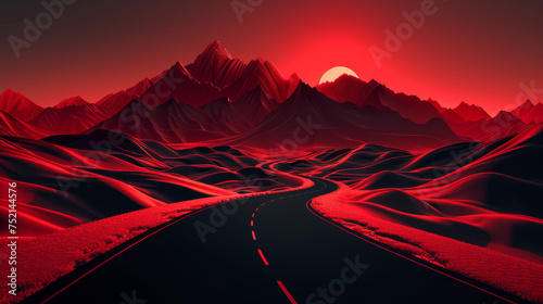 Road and mountain in black and red. Wallpaper