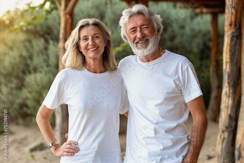 A charming elderly couple in matching white tees enjoying a sunny day together, epitomizing lasting love and togetherness