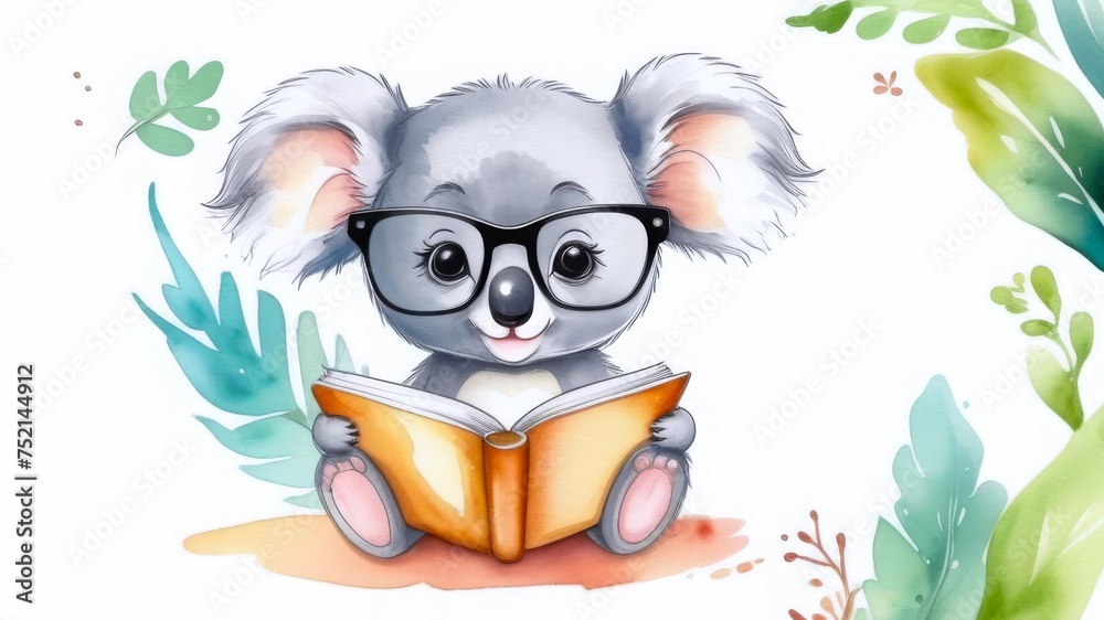 koala wearing reading glasses sitting upright and holding open book. concepts: bookstore or library promotions, reading and literacy campaigns, eyewear advertisements targeting a younger audience.