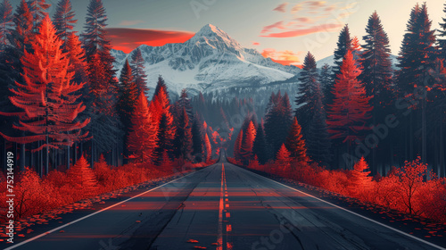 Road and mountain in black and red. Wallpaper