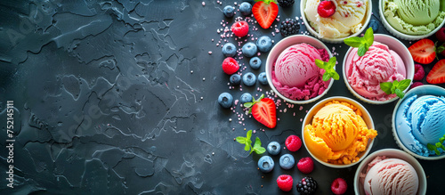 Ice cream assortment. Selection of colorful ice cream with berries and fruits on dark rustic table photo