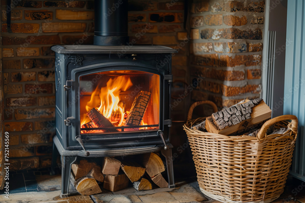 Roaring fire inside wood burning stove in brick fireplace with basket of cut wood ready for burning