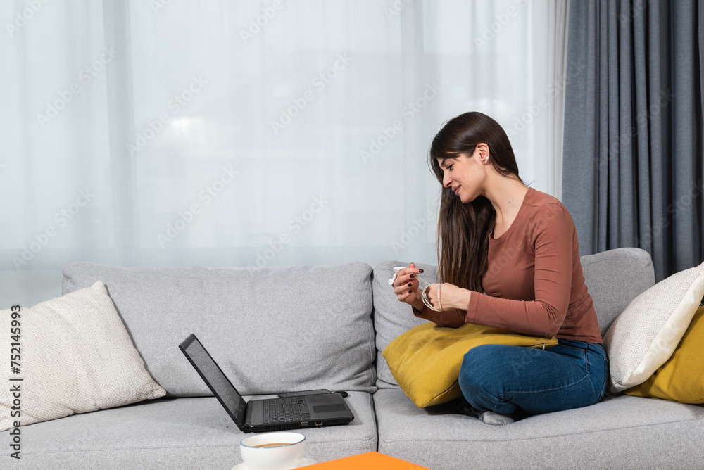 Young senior university student woman of economy and finance working freelance online education job to pay student loan, saving money for rent, travel vacation. Side hustle money part time job concept Young senior university student woman of economy and finance working freelance online education job to pay student loan, saving money for rent, travel vacation. Side hustle money part time job concept