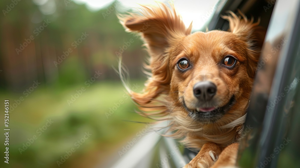 Joyful dog with head out of car window, enjoying high speed ride with motion blurred background. Dog with wind in face. the concept of pet, travel, summer vacation Joyful dog with head out of car window, enjoying high speed ride with motion blurred background. Dog with wind in face. the concept of pet, travel, summer vacation