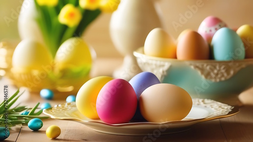 A bright Easter day. The idea of breakfast on Easter day. Easter colored eggs and a bouquet of flowers are on the table. The concept of happiness, faith, goodness. Shallow depth of field