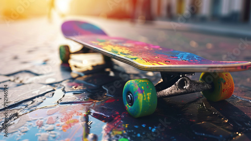 An artful skateboard merges with the street, a symbol of vibrant AI generative culture. photo
