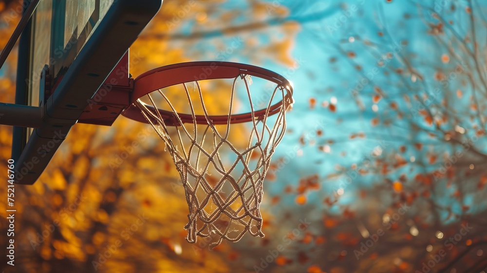 basketball swooshing into basketball hoop. photo realistic. urban park. vibrant colors. shot on kodak portra 400, AI Generative