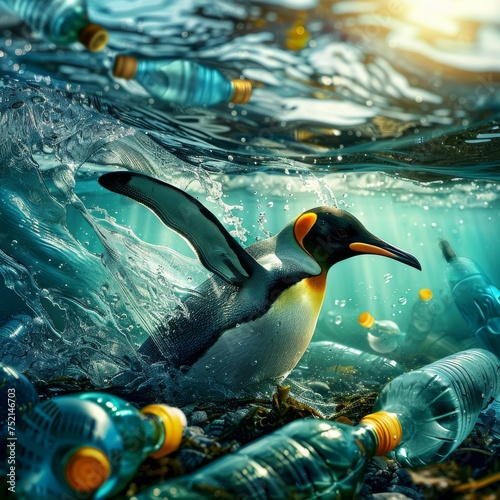 A penguin navigating a sea of trash on a water bottle boat highlighting marine pollution and societal neglectar 169