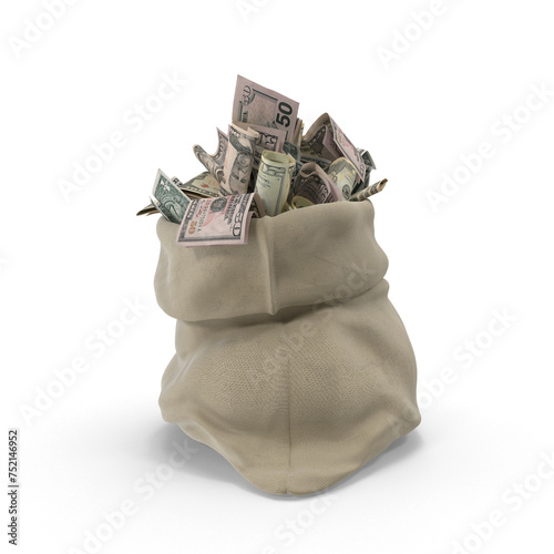 One us dollar banknotes in burlap sack on white background isolated
