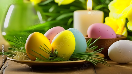 A bright Easter day. The idea of breakfast on Easter day. Easter pastries, colored eggs, and a bouquet of flowers are on the table. The concept of happiness, faith, goodness. Shallow depth of field