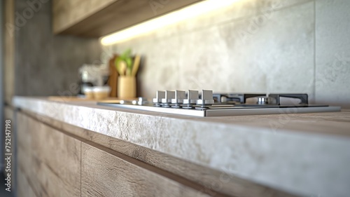 Extreme closeup of a beautiful kitchen counter next to a stovetop in a narrow room. white wall. Modern wooden cabinets, AI Generative