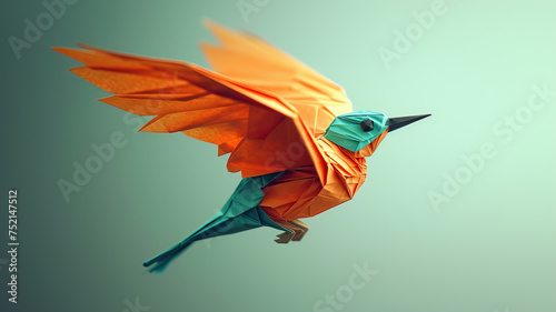 Vivid orange origami cuckoo bird in flight against a teal background, AI Generative. photo