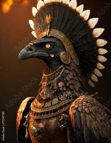 Aztec eagle warrior statue with helmet and feathers on dark background. 3d illustration