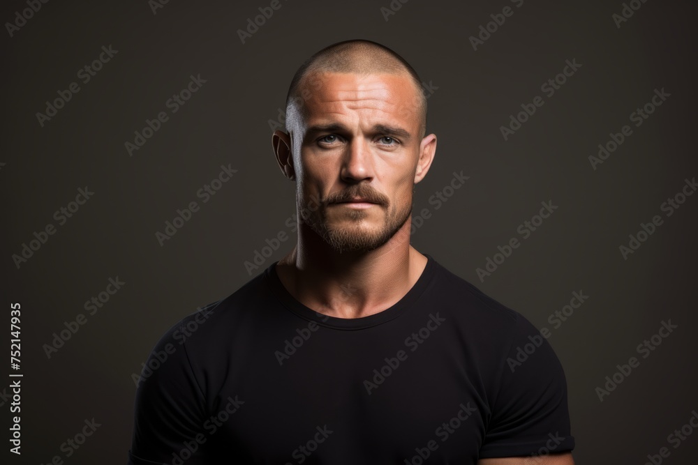 Portrait of a serious man in a black t-shirt on a dark background