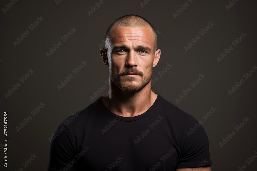 Portrait of a serious man in a black t-shirt on a dark background Portrait of a serious man in a black t-shirt on a dark background