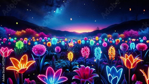 Colored neon flowers glow at night on a blue glitter background.