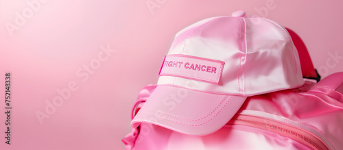 Pink Cap with Fight Cancer quote on top gym backpack for breast oncology charity fundraiser fun run health awareness womens health lifestyle event hat survive chemo exercise motivation ad copy space
