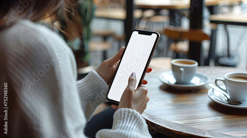 Man using smartphone blank screen frameless modern design while lying on the sofa in home interior