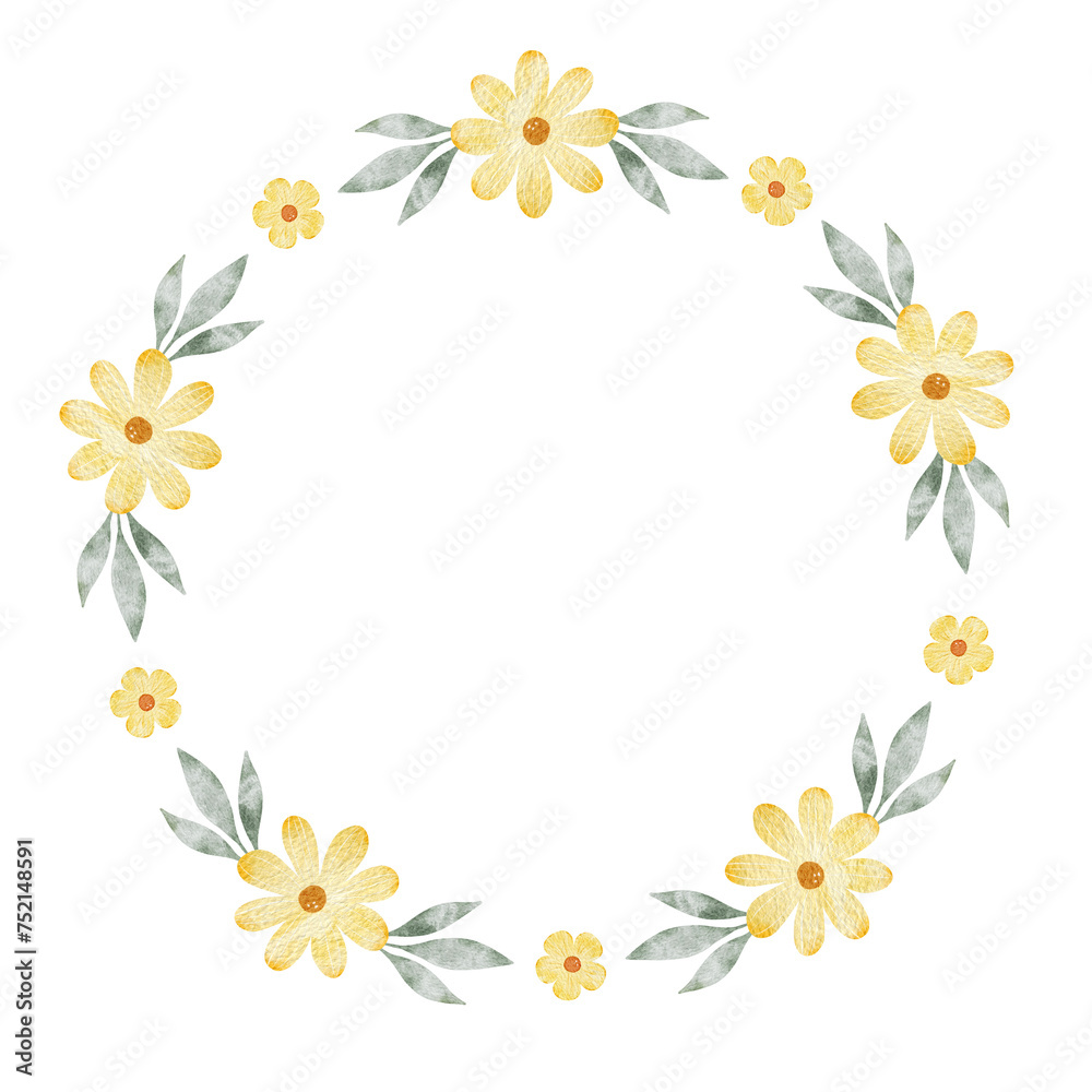 Yellow wildflowers. Round wreath of simple flowers. Watercolor isolated illustration. Frame for design of postcards for Easter, birthday, International Women's Day