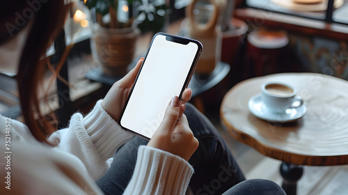 Man using smartphone blank screen frameless modern design while lying on the sofa in home interior