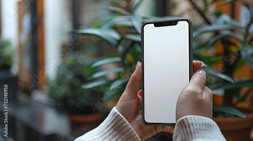 Man using smartphone blank screen frameless modern design while lying on the sofa in home interior