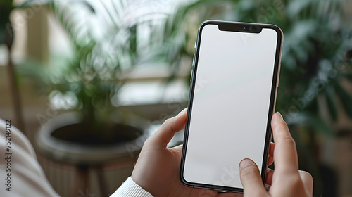 Man using smartphone blank screen frameless modern design while lying on the sofa in home interior